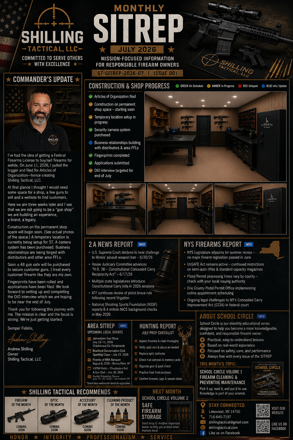 Monthly SITREP — July 2026, Issue 001. Shilling Tactical LLC commander's update, construction progress, 2A news, NYS firearms report, area events, hunting report, and School Circle Volume 1.