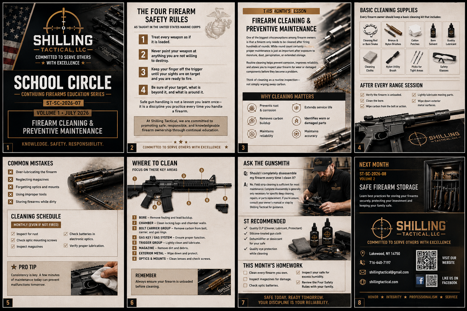 School Circle — Volume 1, July 2026: Firearm Cleaning & Preventive Maintenance. An educational infographic from Shilling Tactical LLC covering safety rules, cleaning supplies, procedures, common mistakes, and pro tips.