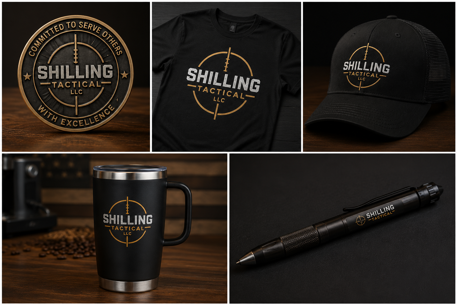 Shilling Tactical branded merchandise — challenge coin, t-shirt, hat, mug, and tactical pen