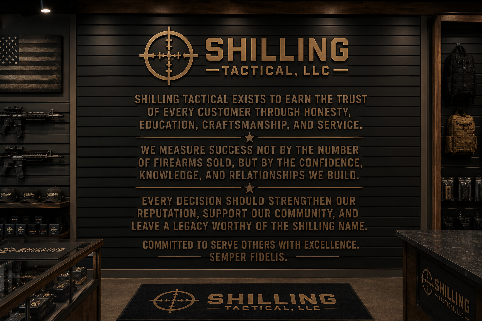 Shilling Tactical LLC storefront mission statement wall — Committed to Serve Others With Excellence. Semper Fidelis.